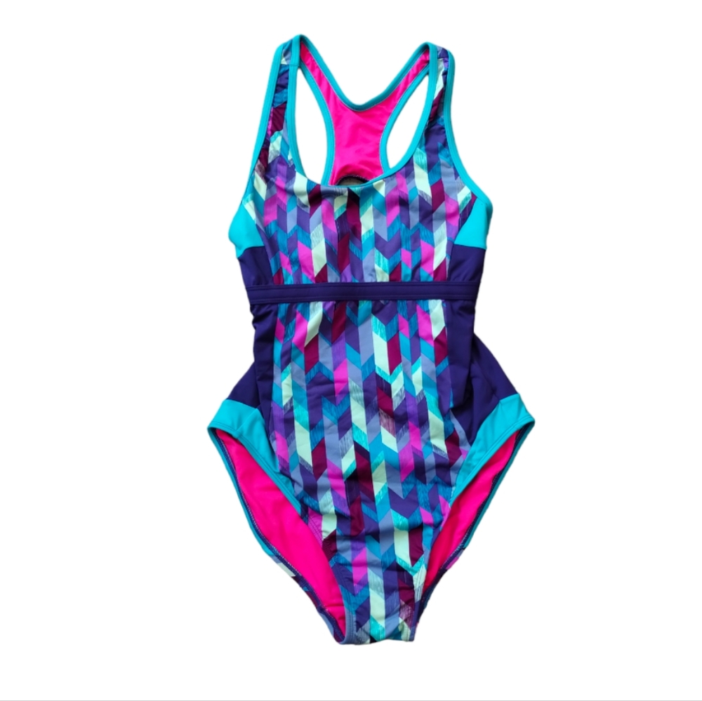 LL Bean Size 8 Swimsuit Racerback Women Fully Lined Bright Color Geometric